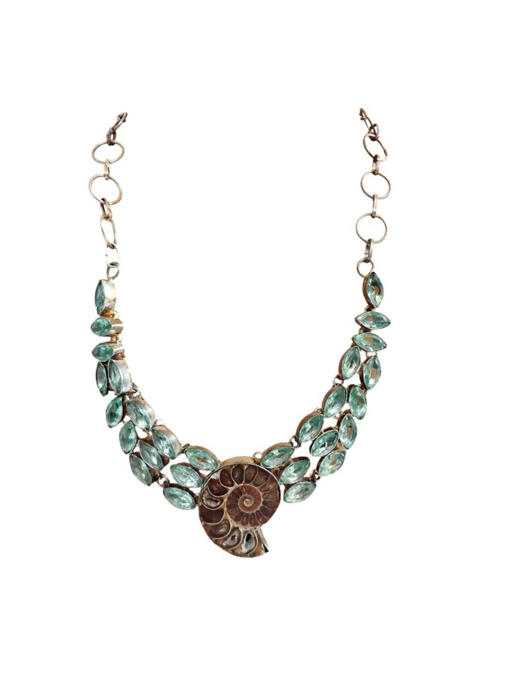 Ammonite Fossil & Aqua Crystal Silver Statement Necklace Adjustable